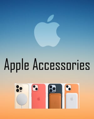 Banner Apple accessories showing magsafe charger, leather case iPhone 13, magsafe wallet, and magsafe power bank