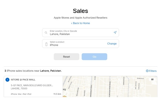 Screenshot of the official link of Apple iStore Lahore Pakistan on the official apple website showing them as Apple Stores and Apple Authorized Resellers in Lahore, Pakistan.