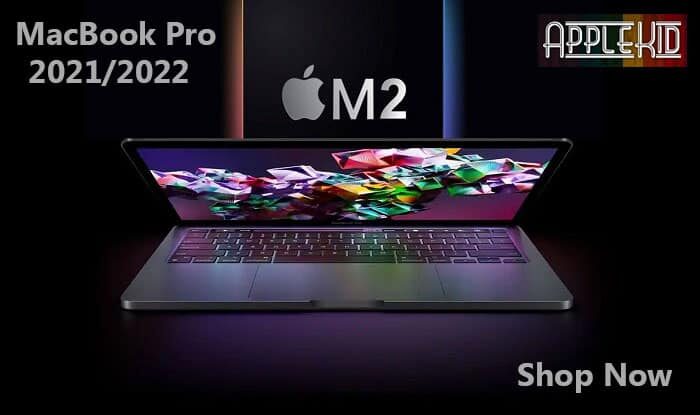 Macbook Pro M2 Banner shop now by Apple Kid - Apple Store Lahore showing macbook pro M2 with half open dispaly style
