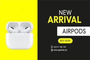 airpod sale banner design with contact number and website adress yellow and gray color by apple store lahore - Apple Kid